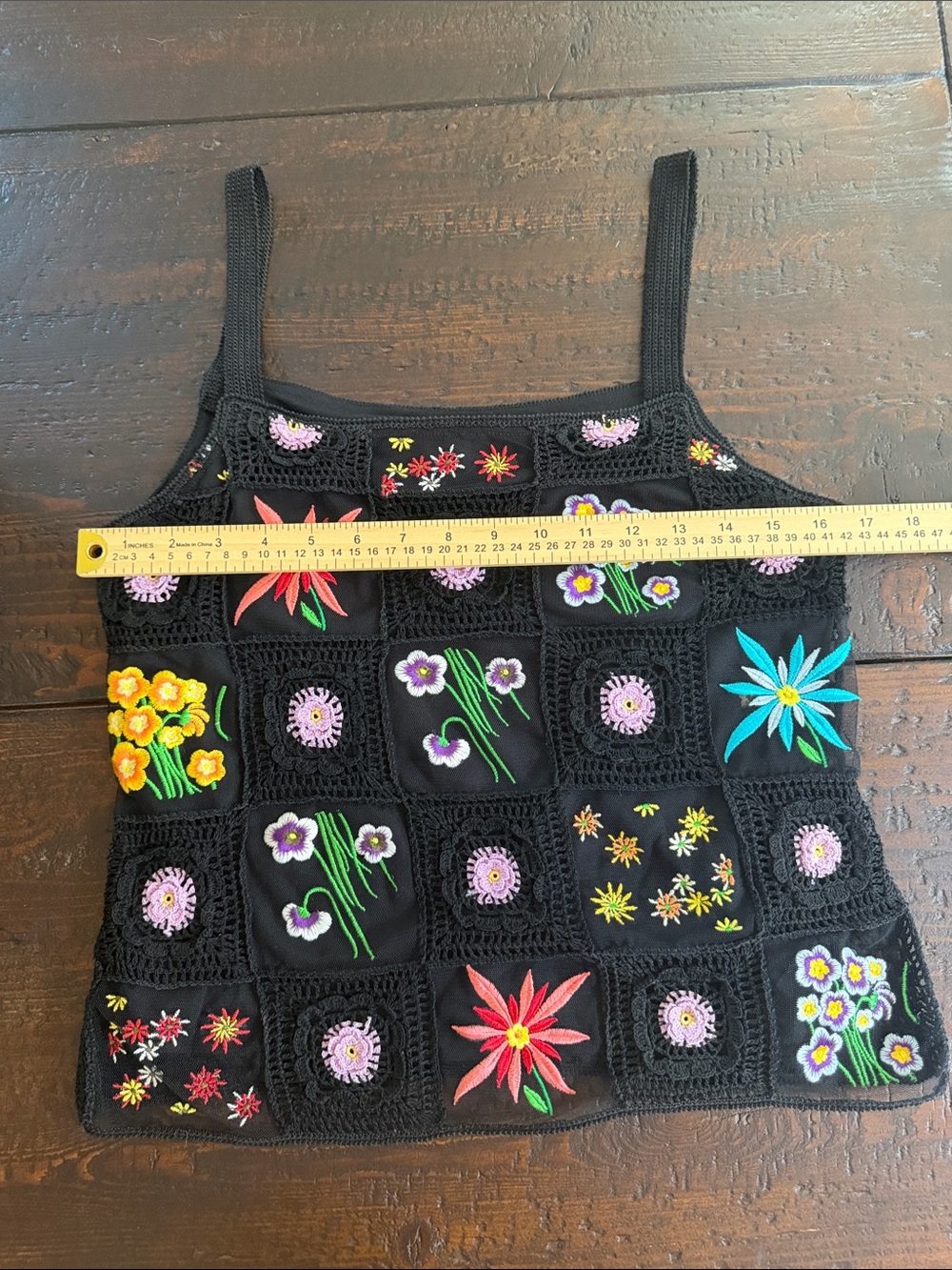 Boho Floral Granny Square Crochet Tank Top Black Embroidered Mesh M - Picture 6 of 12